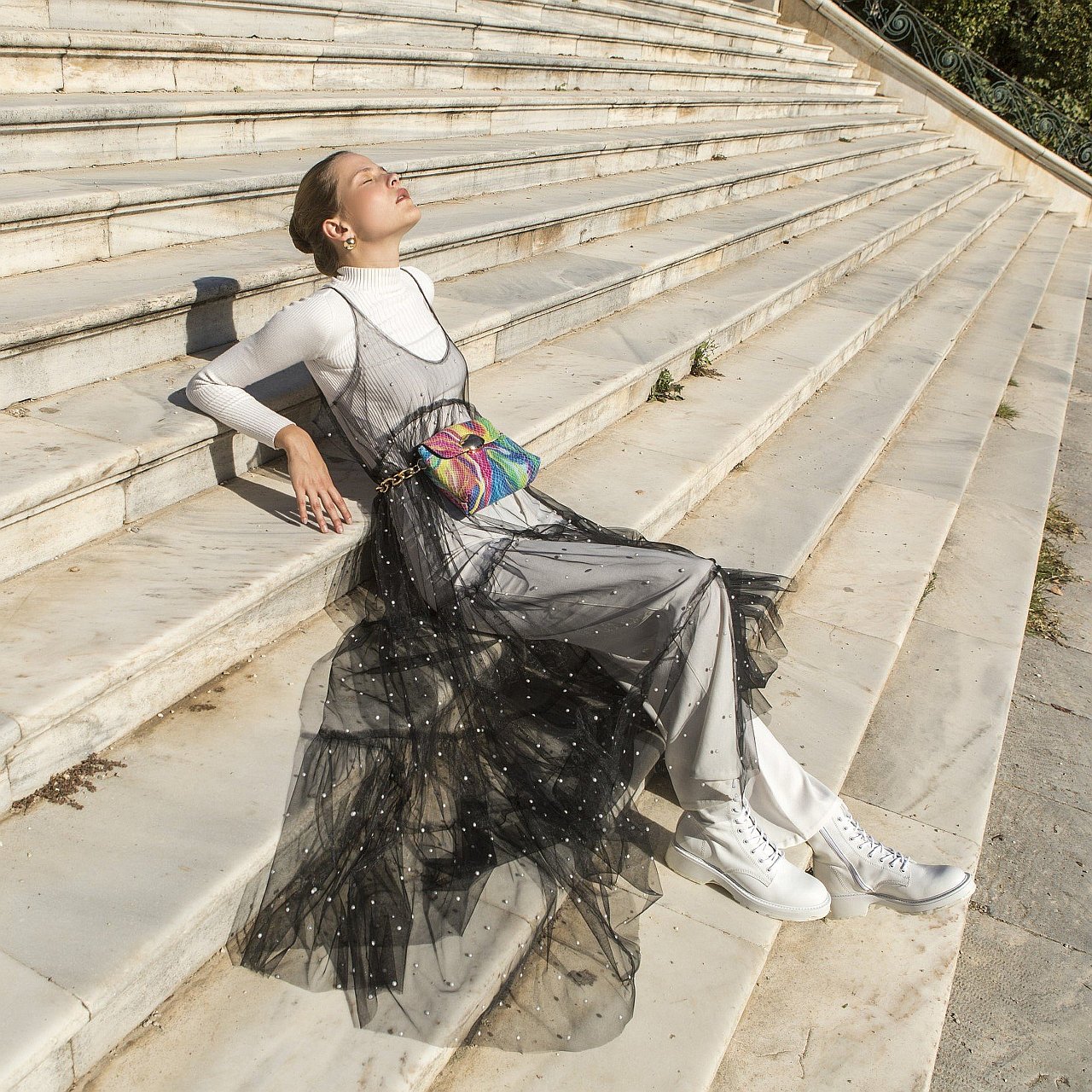 Tutu Skirt Black Tulle Maxi Dress with White Small Pearls
